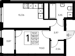 1-комн., 38.22 м²