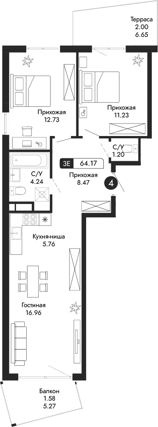 3-комн., 60.59 м²
