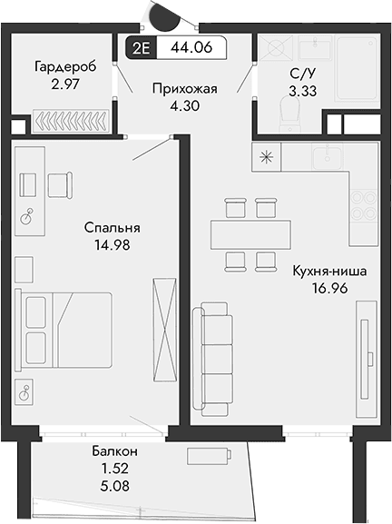 2-комн., 42.54 м²