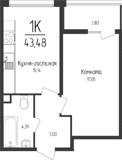1-комн., 41.58 м²