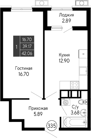 1-комн., 39.17 м²