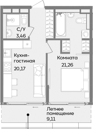 2-комн., 44.89 м²