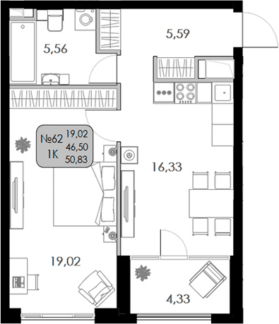 1-комн., 46.5 м²