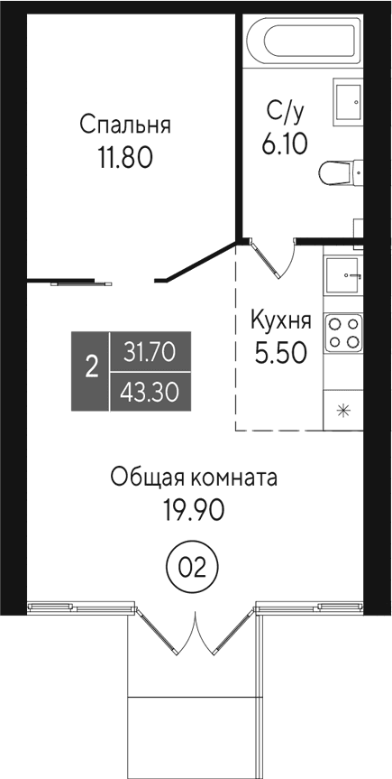2-комн., 43.3 м²