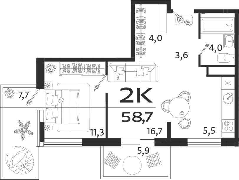 2-комн., 45.1 м²