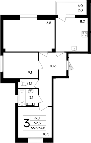 3-комн., 62.5 м²