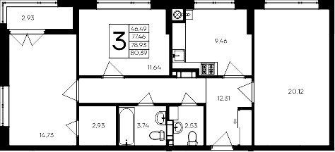 3-комн., 77.46 м²