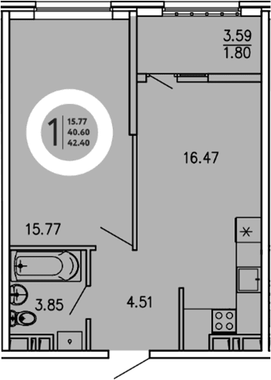 1-комн., 40.6 м²
