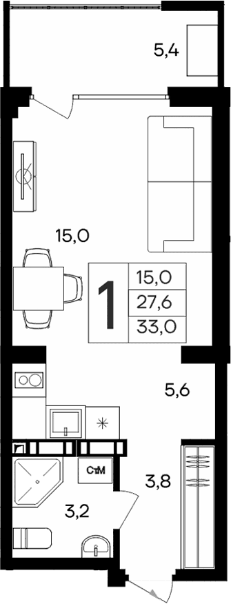 Студия, 27.6 м²