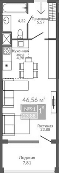 Студия, 38.75 м²
