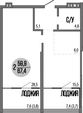 2-комн., 59.9 м²