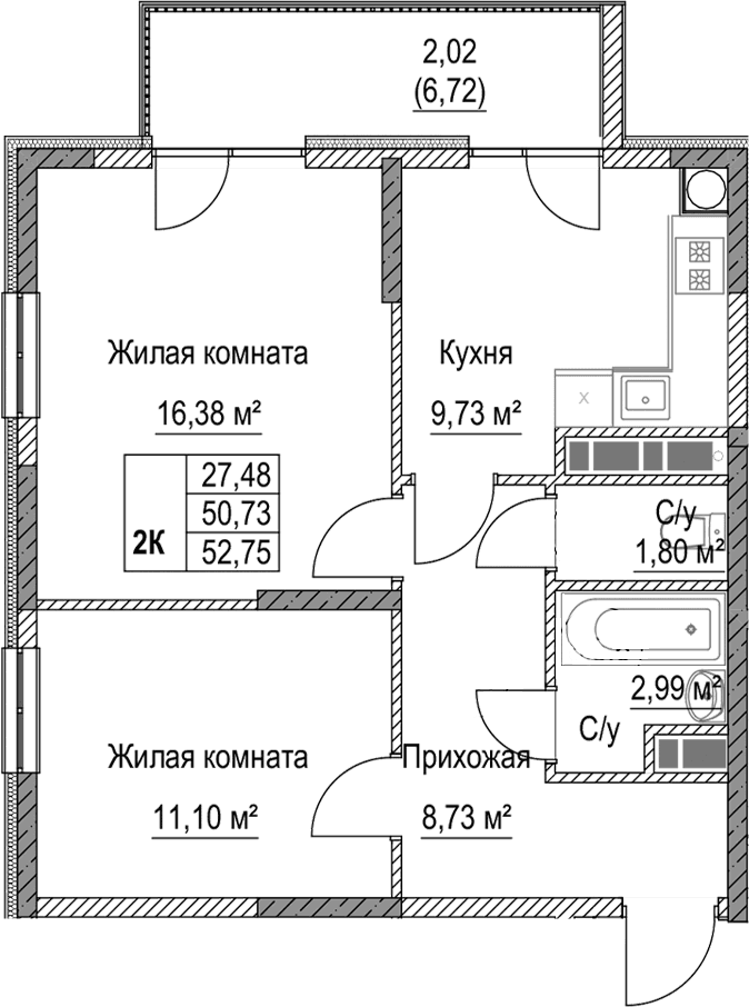 2-комн., 50.73 м²