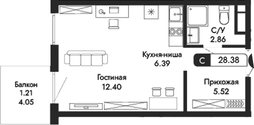 Студия, 27.17 м²