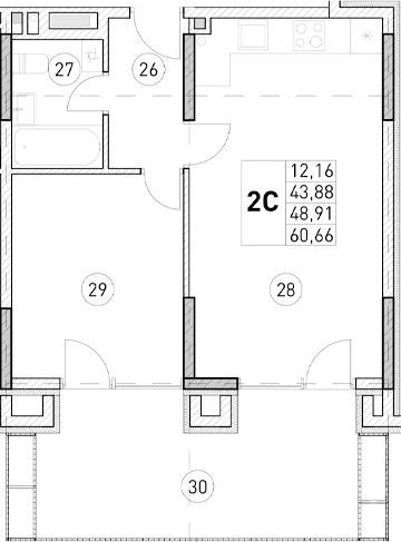 1-комн., 43.88 м²