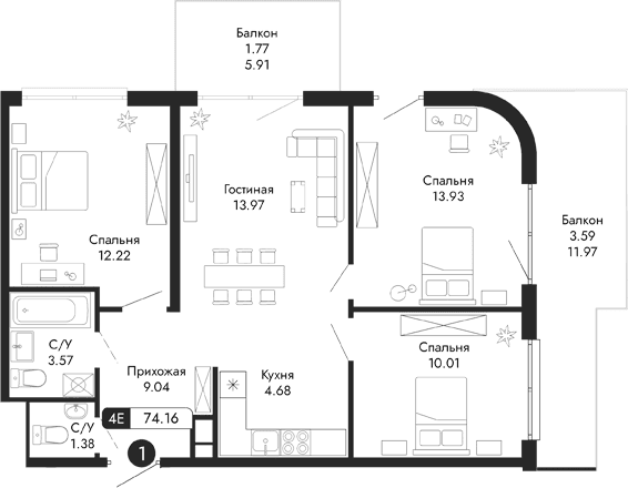 4-комн., 68.8 м²