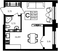Студия, 34.35 м²