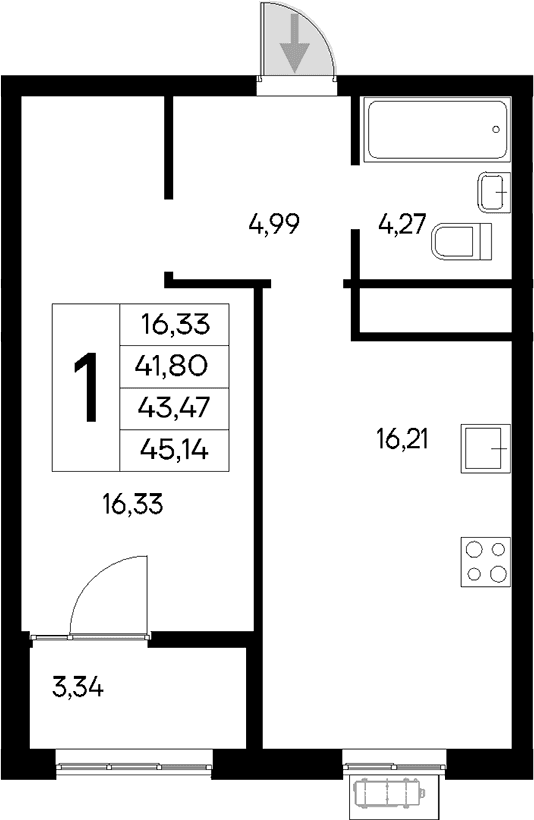 1-комн., 41.8 м²