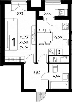 1-комн., 36.68 м²