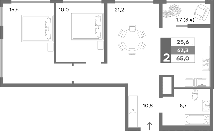 2-комн., 63.3 м²