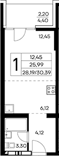 Студия, 28.19 м²