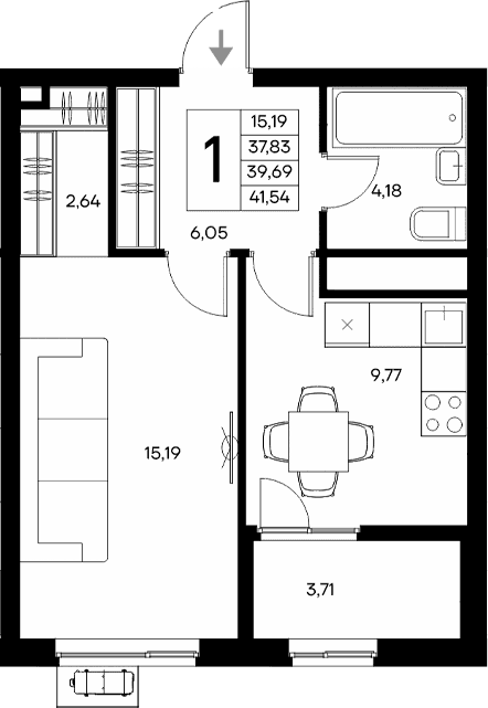 1-комн., 37.83 м²