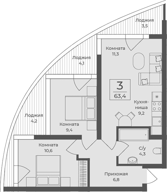 3-комн., 51.6 м²