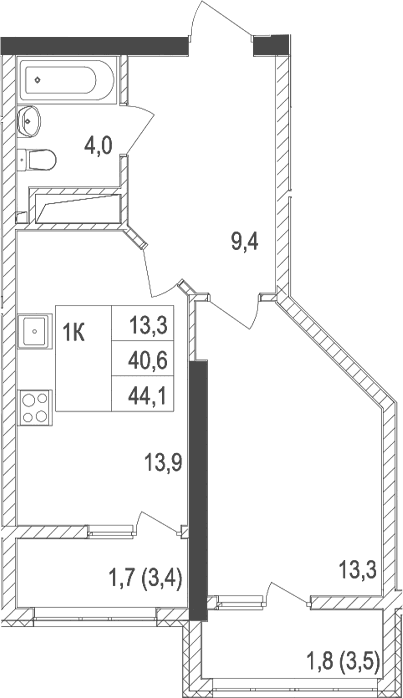 1-комн., 40.6 м²