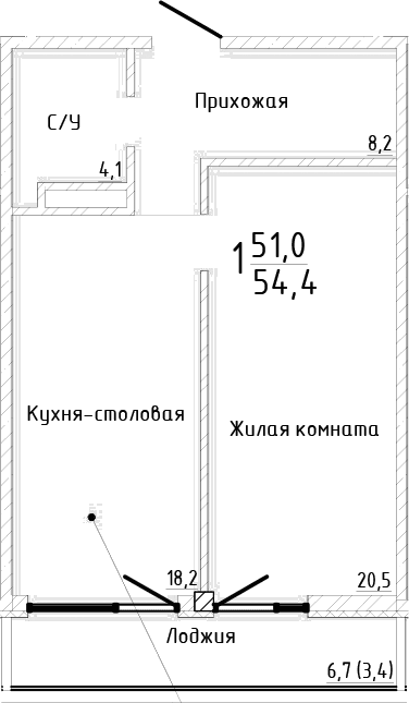 1-комн., 51 м²