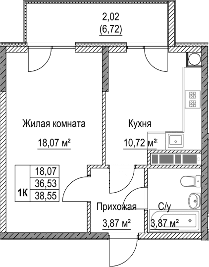 1-комн., 36.53 м²