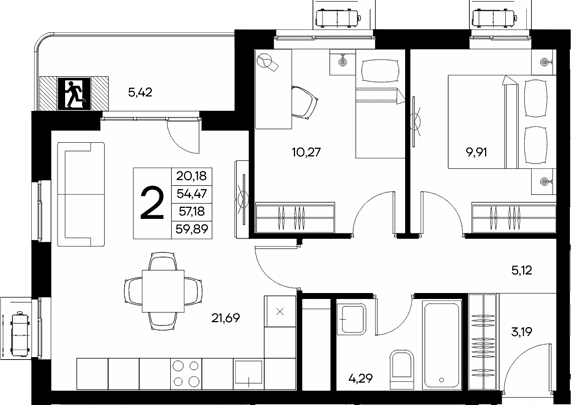2-комн., 54.47 м²