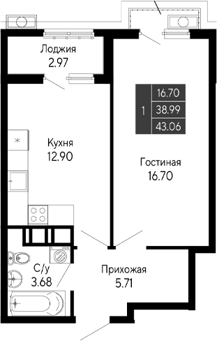 1-комн., 38.99 м²