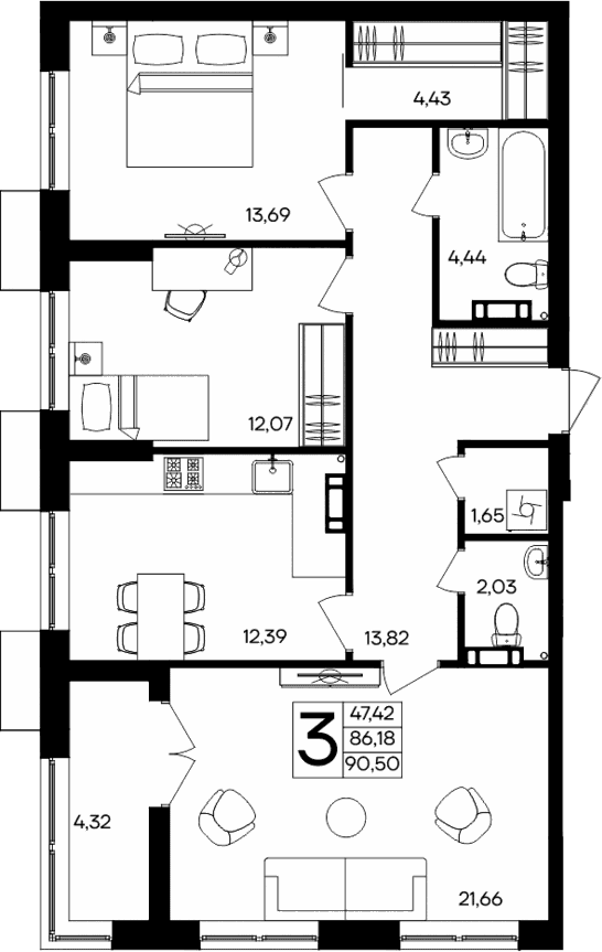3-комн., 86.18 м²