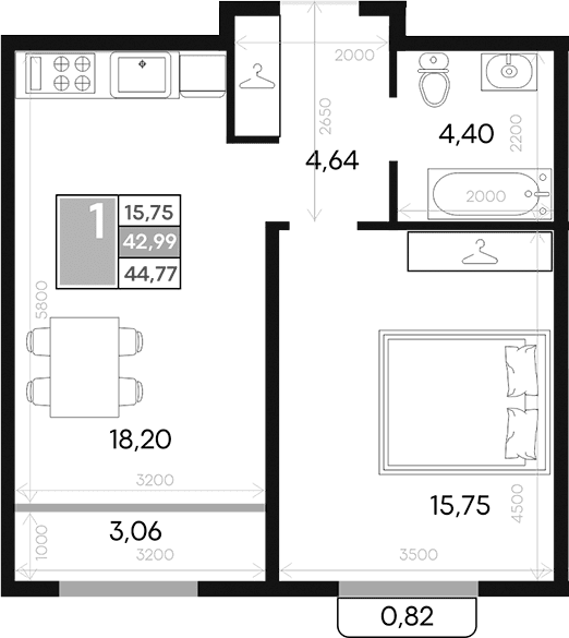 1-комн., 42.99 м²