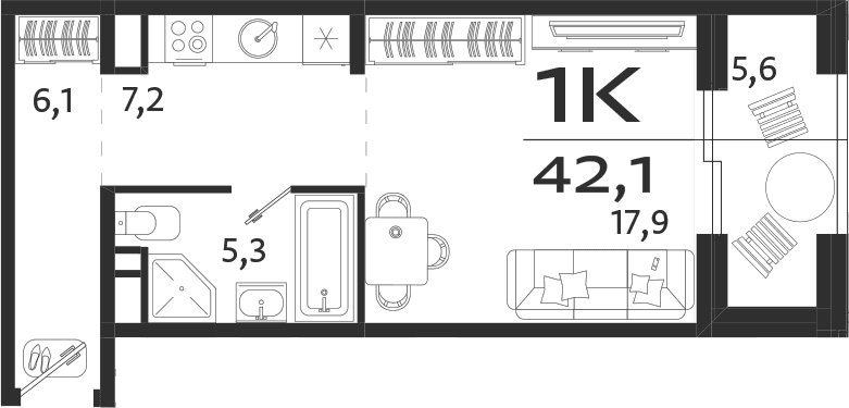 Студия, 36.5 м²