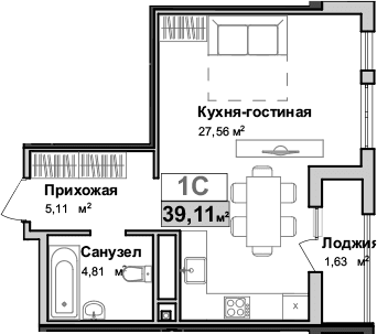 Студия, 37.48 м²