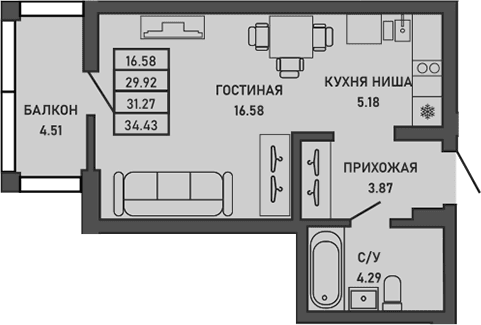Студия, 29.77 м²