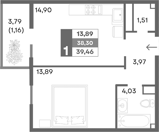 1-комн., 38.3 м²