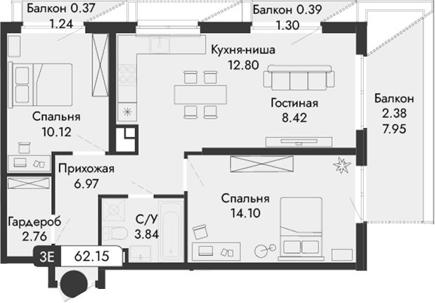 3-комн., 59.01 м²