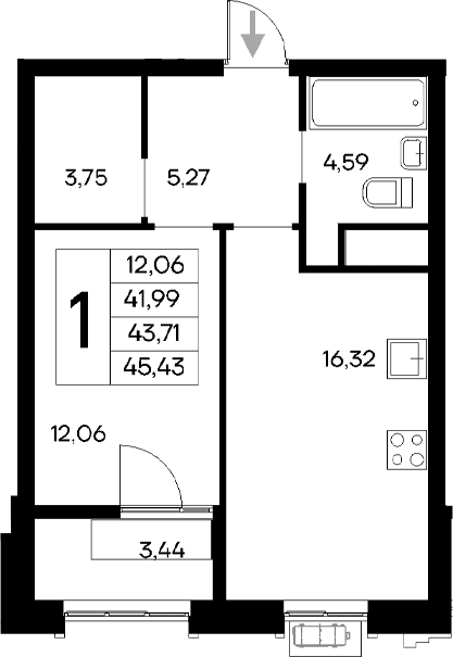 1-комн., 41.99 м²