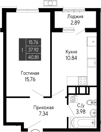 1-комн., 37.92 м²