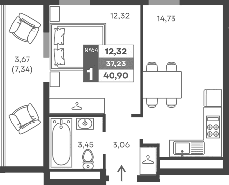 1-комн., 33.56 м²
