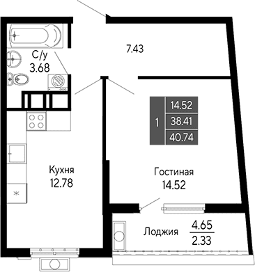 1-комн., 38.41 м²