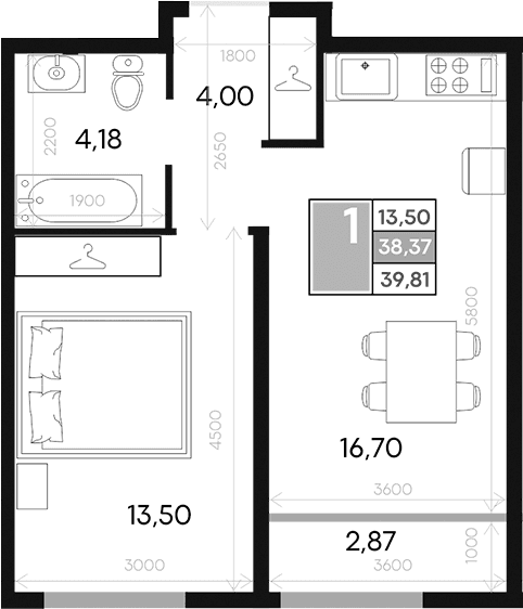 1-комн., 38.37 м²