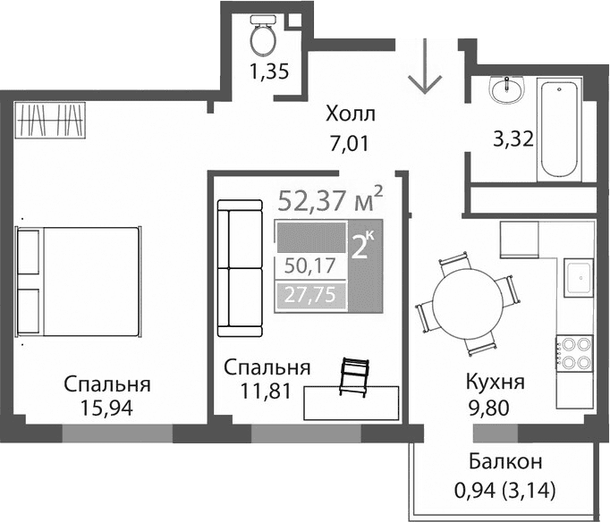 2-комн., 49.23 м²