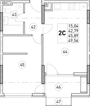 1-комн., 42.79 м²