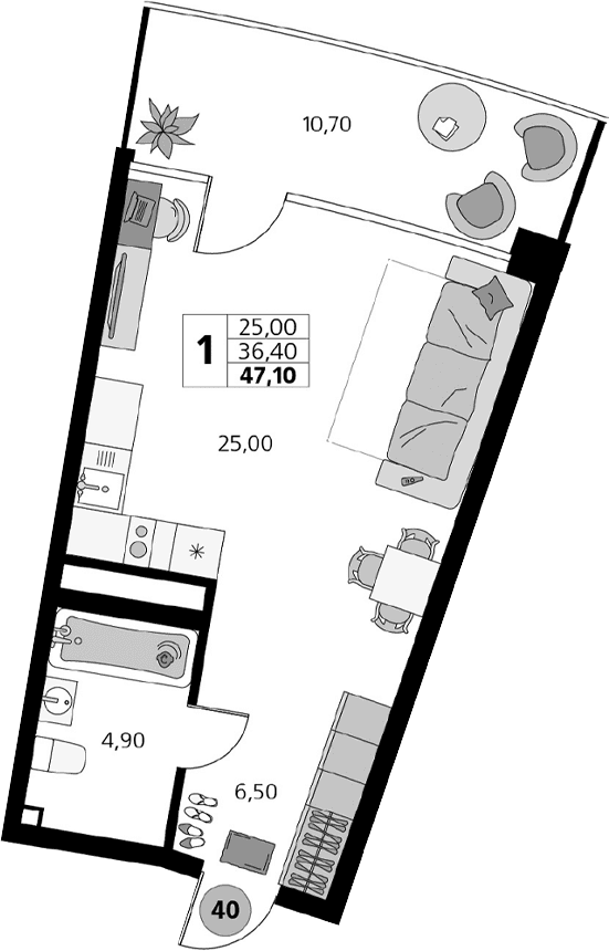 Студия, 36.4 м²
