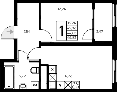 1-комн., 42.86 м²