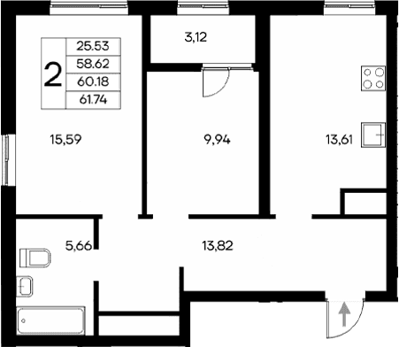 2-комн., 58.62 м²