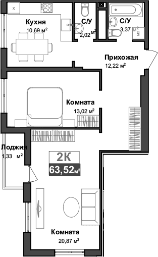 2-комн., 62.19 м²