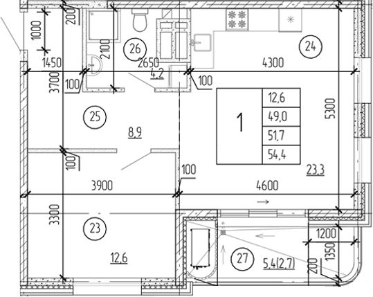 1-комн., 49 м²